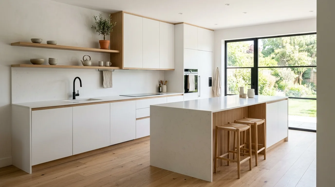 Add open shelving only where it helps inspiration for a warm white and white oak kitchen.